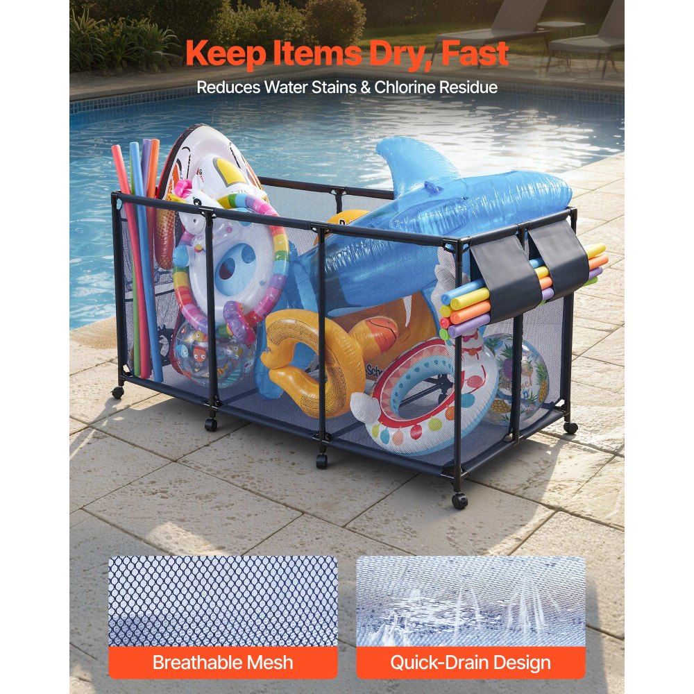 VEVOR Pool Storage Bin, 175.5 x 81.5 x 89 cm, Rolling Pool Float Storage Organizer with Side Pockets & Noodles Holder, Durable Metal Frame, Poolside Toys Breathable Mesh Basket for Swimming Pools