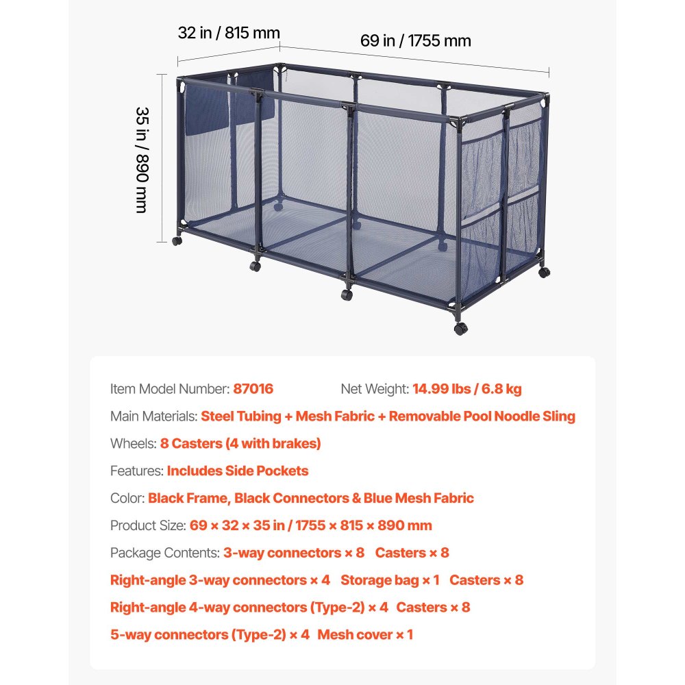 Pojemnik do przechowywania zabawek basenowych VEVOR 1755x815x890 mm, organizer z kieszeniami bocznymi, metalowa rama, kosz siatkowy, pudełko do przechowywania, koszyk organizacyjny, koszyk do przechowywania, wózek do przechowywania zabawek basenowych