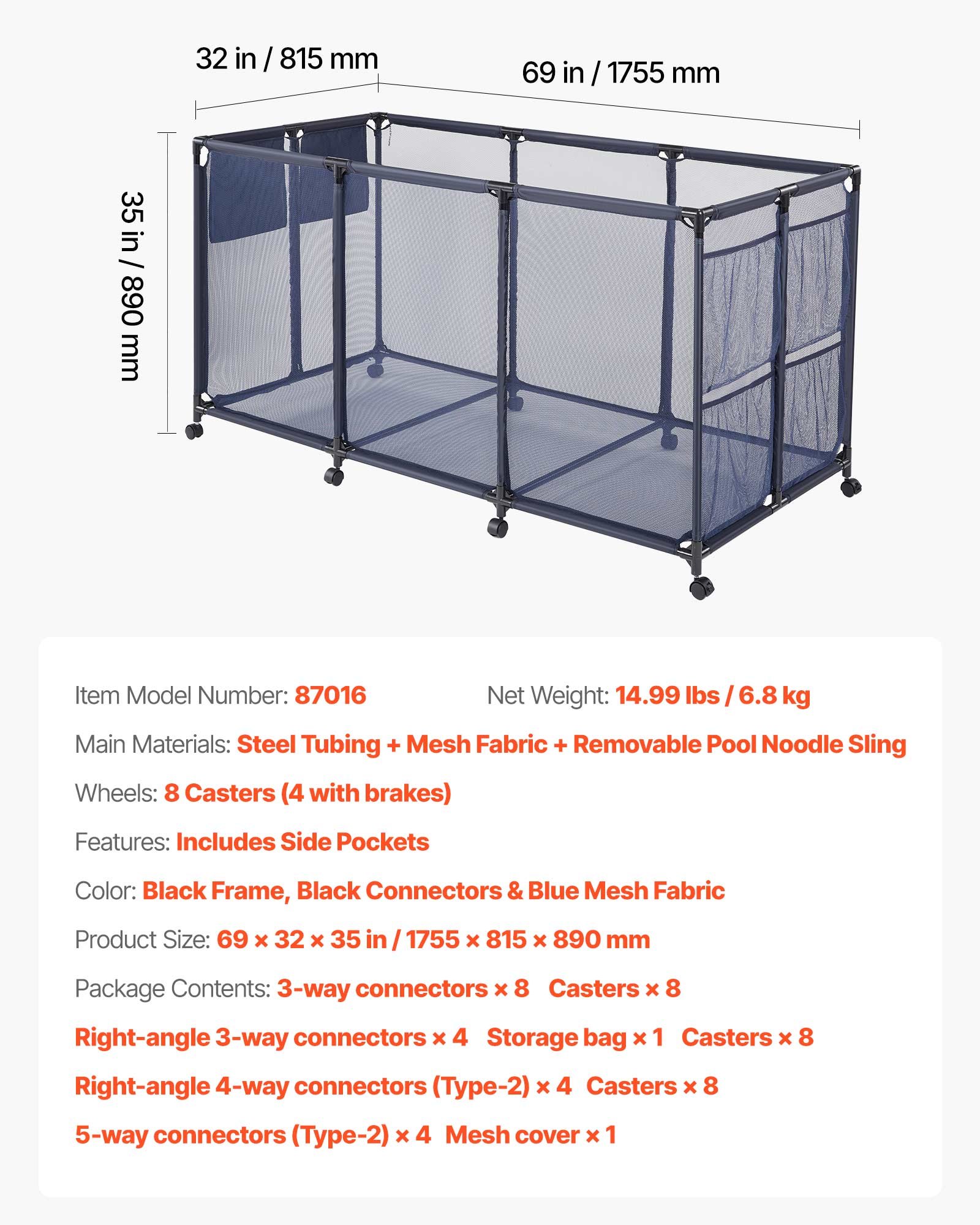 VEVOR Pool Storage Bin, 175.5 x 81.5 x 89 cm, Rolling Pool Float Storage Organizer with Side Pockets & Noodles Holder, Durable Metal Frame, Poolside Toys Breathable Mesh Basket for Swimming Pools