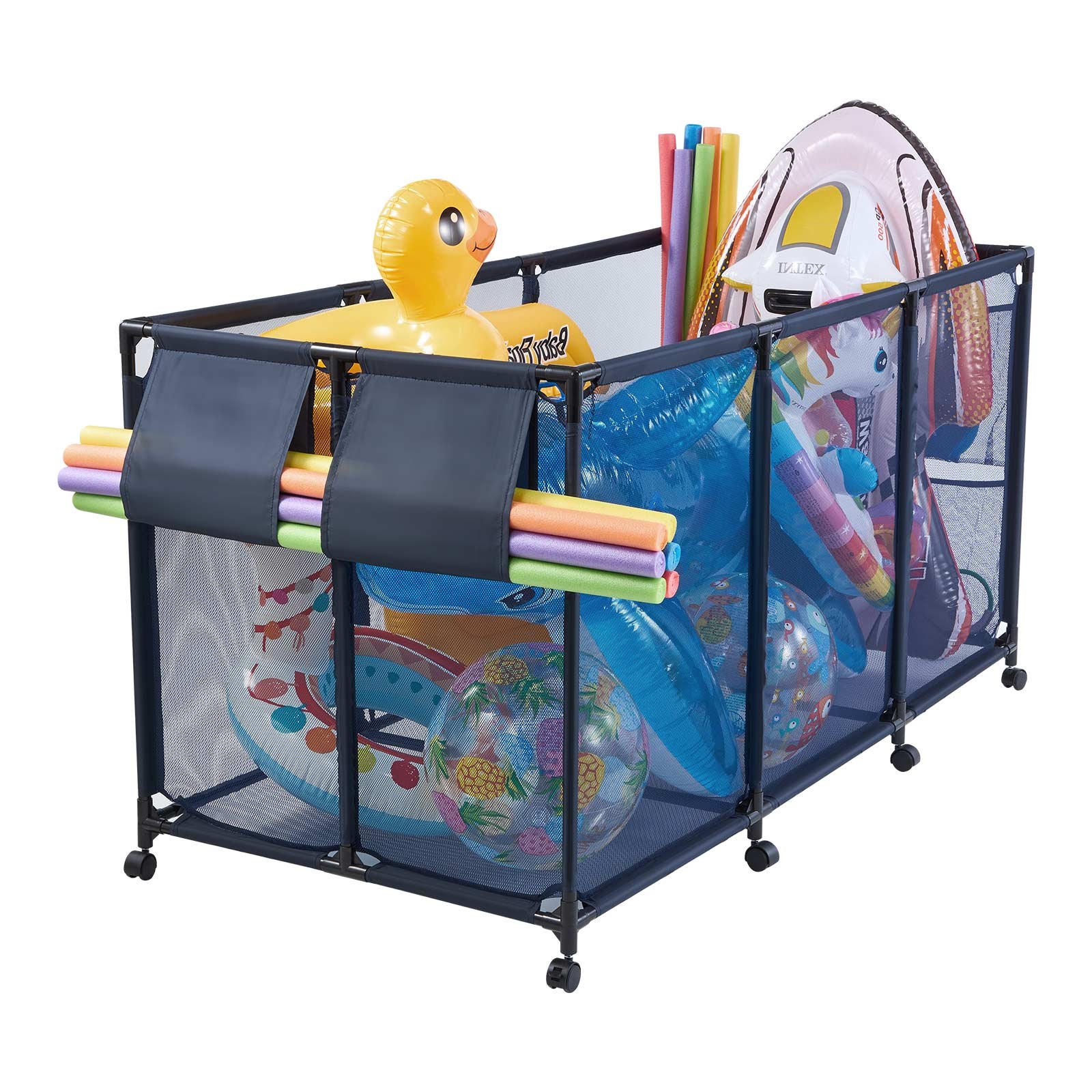 VEVOR Pool Storage Bin, 175.5 x 81.5 x 89 cm, Rolling Pool Float Storage Organizer with Side Pockets & Noodles Holder, Durable Metal Frame, Poolside Toys Breathable Mesh Basket for Swimming Pools