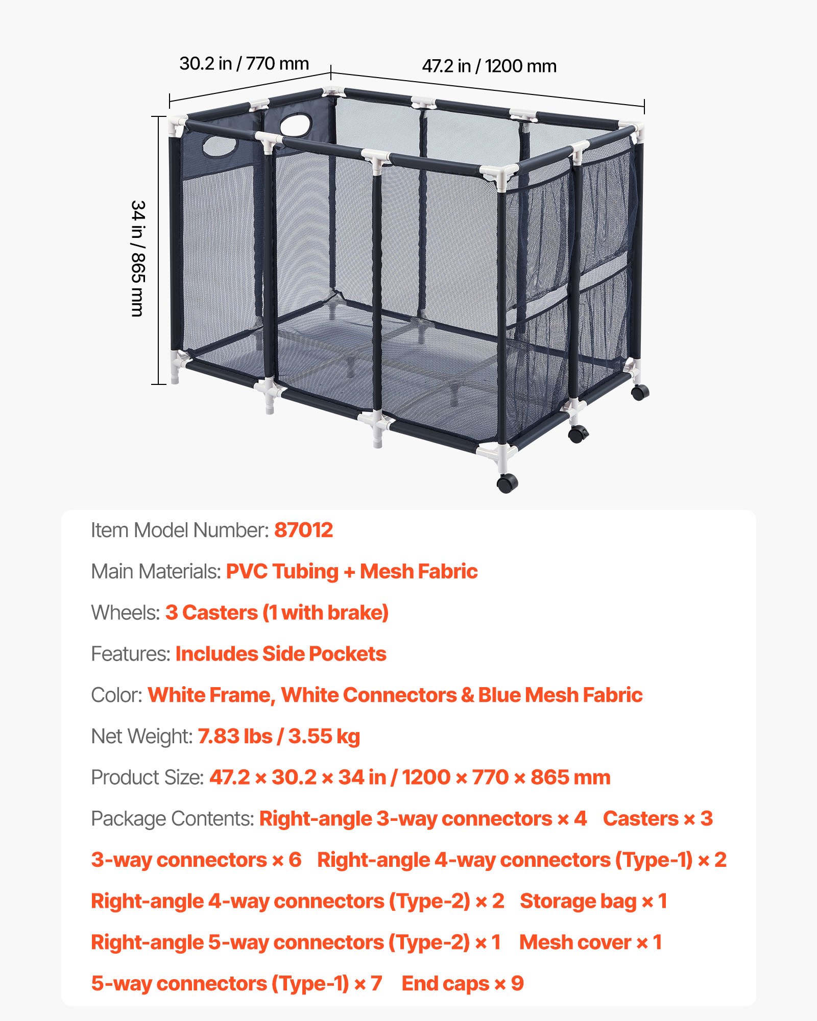 Pojemnik do przechowywania basenu VEVOR 120 x 77 x 86,5 cm, pojemnik do przechowywania basenu z 3 kółkami, organizer z siatki z plastikową ramą i kieszeniami bocznymi, koszyk organizer na makarony basenowe i sprzęt do pływania