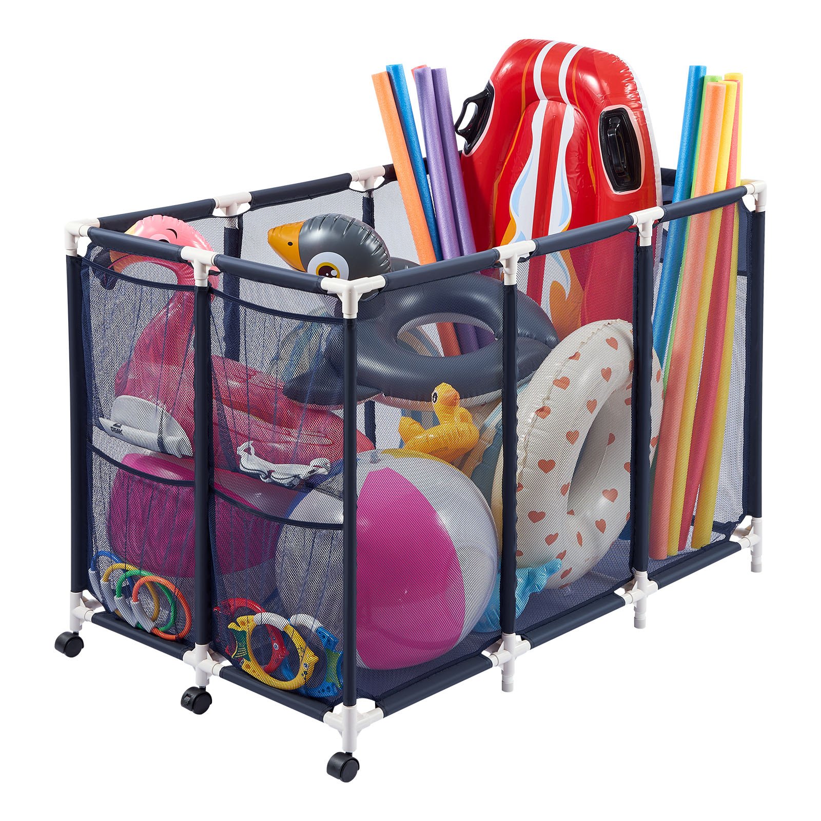 Pojemnik do przechowywania basenu VEVOR 120 x 77 x 86,5 cm, pojemnik do przechowywania basenu z 3 kółkami, organizer z siatki z plastikową ramą i kieszeniami bocznymi, koszyk organizer na makarony basenowe i sprzęt do pływania
