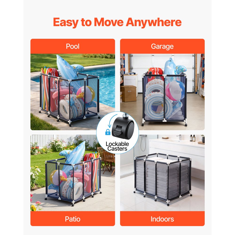 Pojemnik do przechowywania zabawek basenowych VEVOR 122x84x99 cm, organizer siatkowy z plastikową ramą, kosz organizacyjny na zabawki basenowe, pudełko do przechowywania z oddychającym siatkowym koszem do basenów