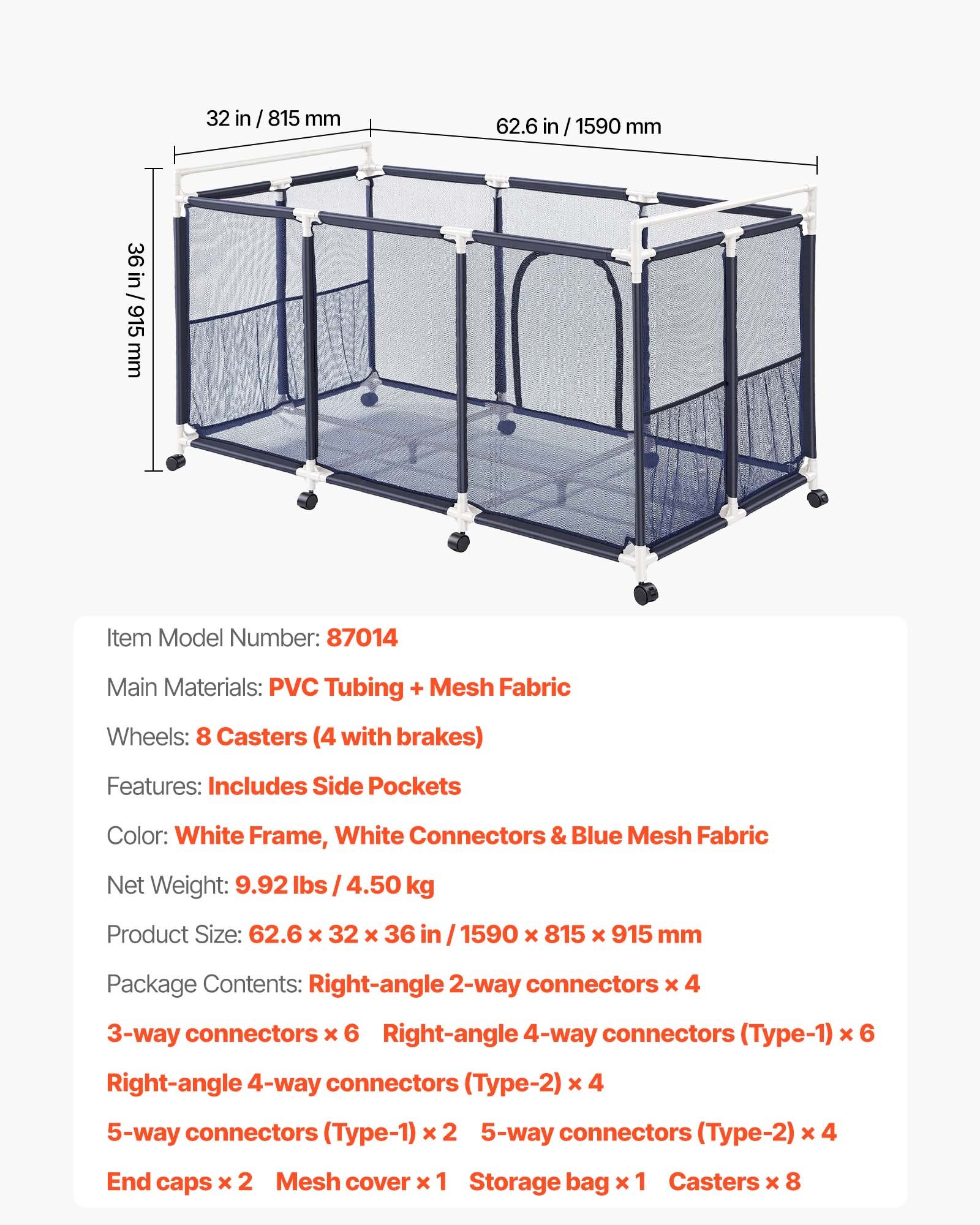 Pojemnik do przechowywania zabawek basenowych VEVOR 1590x815x915 mm, organizer z kieszeniami bocznymi, rama z PVC, kosz siatkowy, pudełko do przechowywania, kosz organizacyjny, kosz do przechowywania, wózek do przechowywania zabawek basenowych
