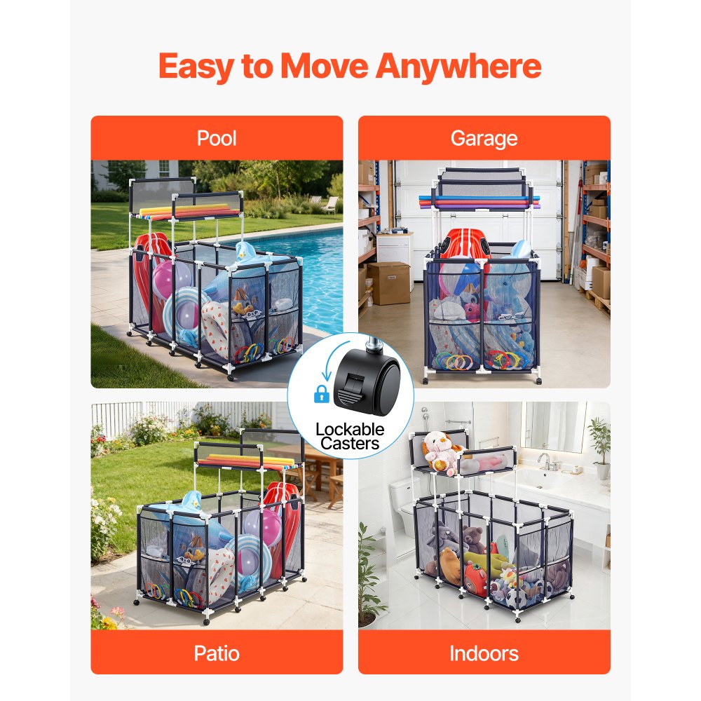 Pojemnik do przechowywania zabawek basenowych VEVOR 169x85x165 cm, organizer z kieszeniami bocznymi, rama z PVC, kosz z siatki, pudełko do przechowywania, kosz organizacyjny, kosz do przechowywania, wózek do przechowywania zabawek basenowych