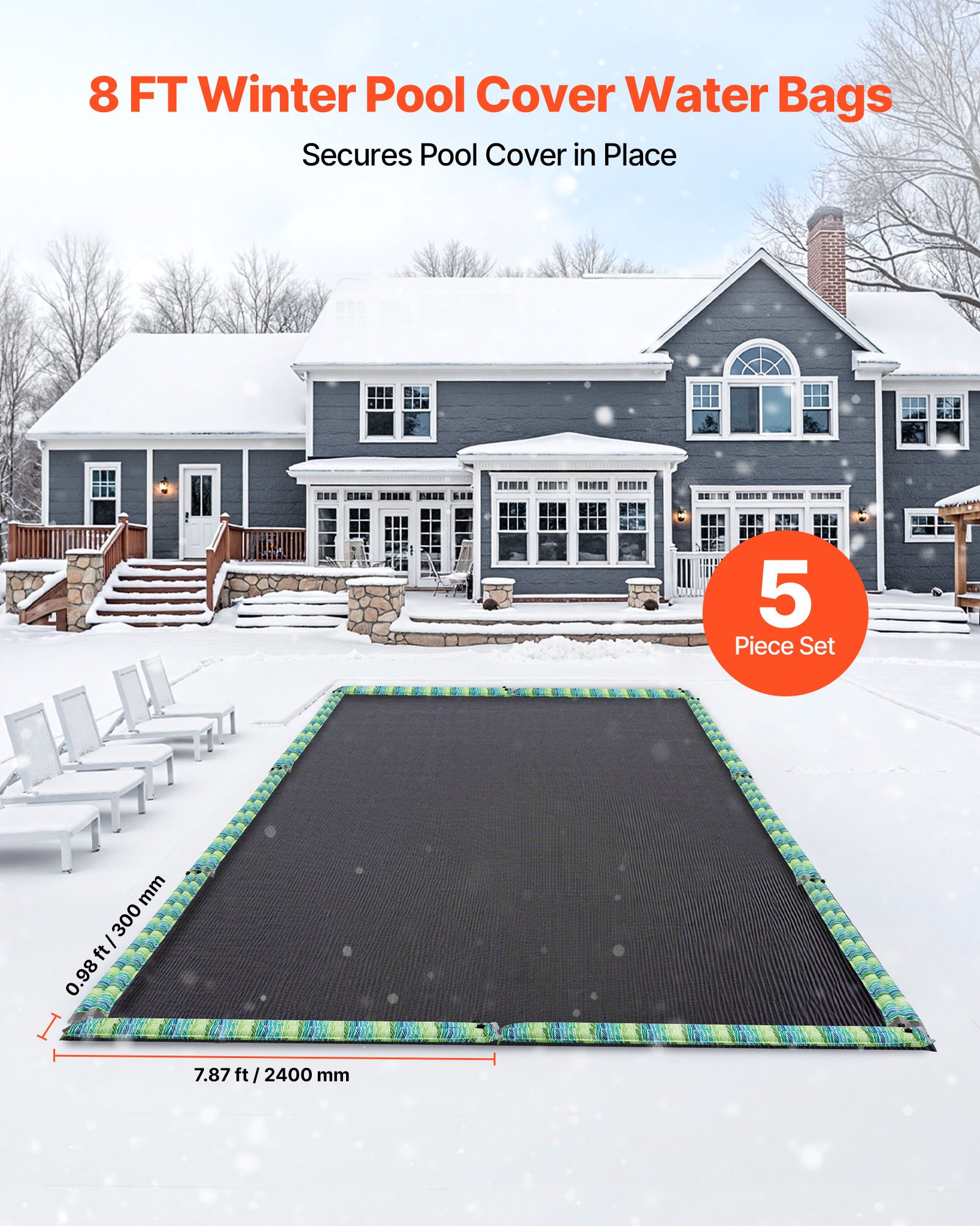 Worki na wodę VEVOR do basenu, opakowanie 5 szt. (240 x 30 cm), worki na wodę z PVC o grubości 0,3 mm z paskami odblaskowymi i szczelnym zamknięciem śrubowym, do zabezpieczania pokryw basenowych zimą, w kolorze zielonym