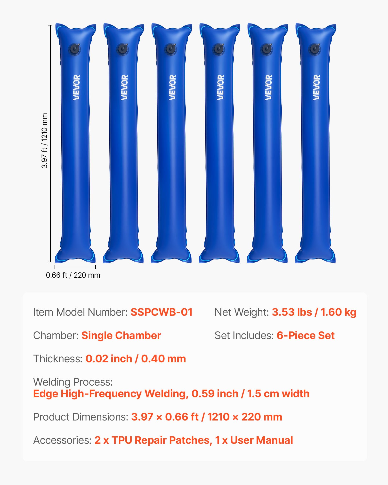 VEVOR Worek na ciężarki do basenu, 6 opakowań po 121 cm, worki z PVC o grubości 0,4 mm z zakrętką zabezpieczającą przed wyciekiem, worki na wodę do zabezpieczania pokryw basenowych zimą, niebieskie