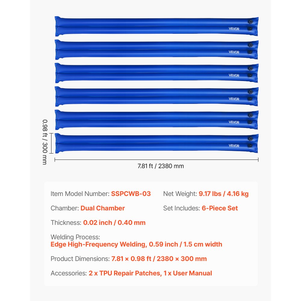 VEVOR Worek na ciężarki do basenu, 6 opakowań po 238 cm, worki z PVC o grubości 0,4 mm z ciężarkami i szczelną zakrętką, worki na wodę do zabezpieczania pokryw basenowych zimą, niebieskie