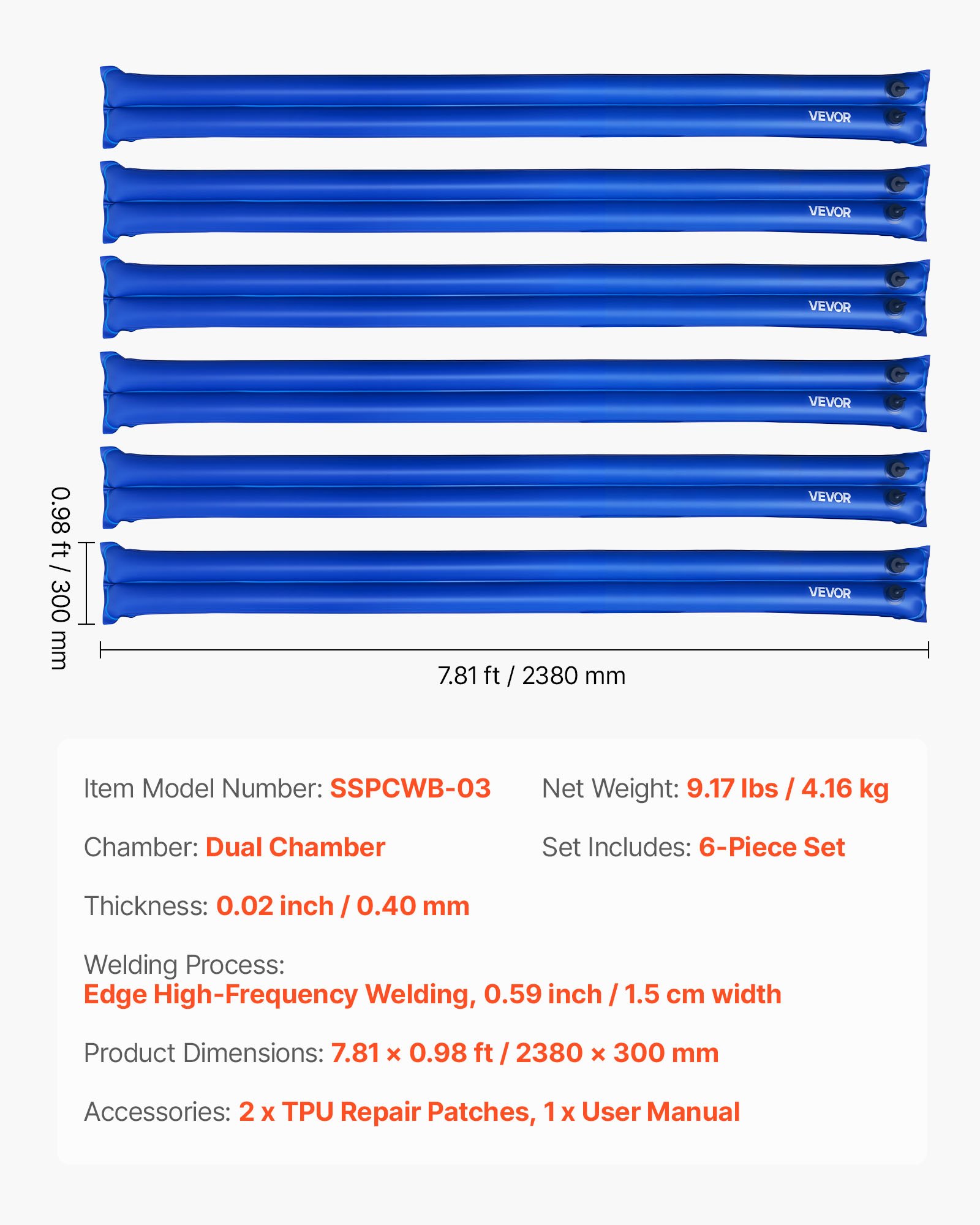 VEVOR Worek na ciężarki do basenu, 6 opakowań po 238 cm, worki z PVC o grubości 0,4 mm z ciężarkami i szczelną zakrętką, worki na wodę do zabezpieczania pokryw basenowych zimą, niebieskie