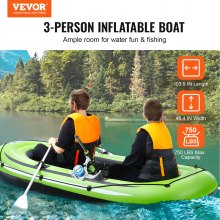 Dmuchana łódź rybacka VEVOR dla 3 osób, przenośny kajak tratwy wykonany z wytrzymałego PCV, wiosło aluminiowe o długości 45,6 cala, pompa o wysokiej wydajności, uchwyt na wędkę i 2 siedzenia, udźwig 340 kg