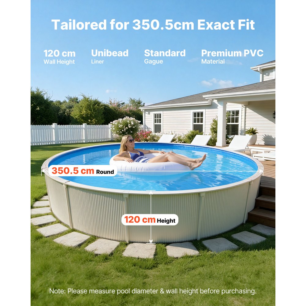 VEVOR 350.5 cm Pool Liner, Round UniBead Swimming Pool Liner for 120 cm Wall Height, Premium Thick Vinyl, Easy Install with Leak-Proof Patches, for Steel Sided Above-Ground,Outdoor, Blue
