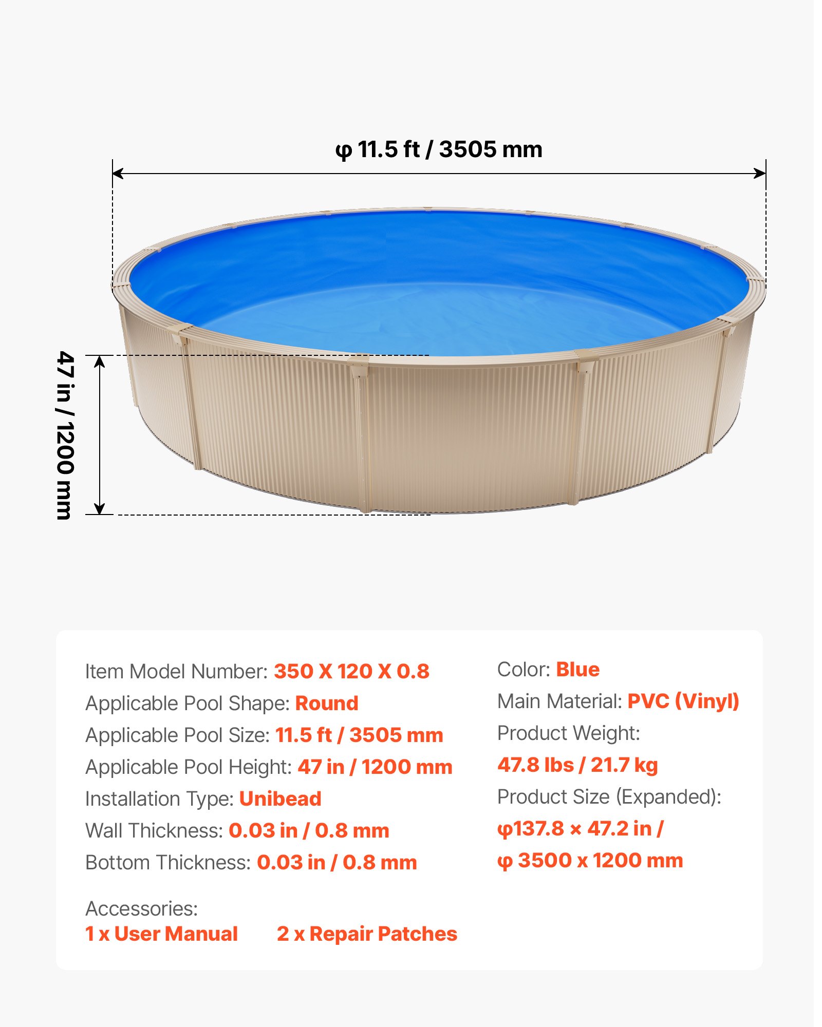 VEVOR 350.5 cm Pool Liner, Round UniBead Swimming Pool Liner for 120 cm Wall Height, Premium Thick Vinyl, Easy Install with Leak-Proof Patches, for Steel Sided Above-Ground,Outdoor, Blue