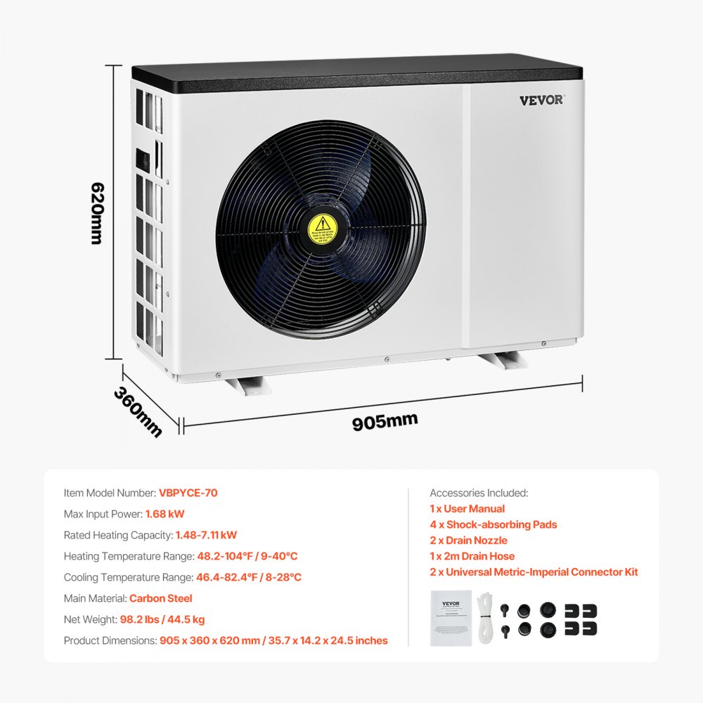 Pompa ciepła do basenów elektrycznych VEVOR, moc grzewcza 1,48–7,11 kW, energooszczędne podgrzewacze basenowe o zmiennej częstotliwości do basenów naziemnych o pojemności 15–30 m³, podgrzewacz wody basenowej do ogrzewania i chłodzenia