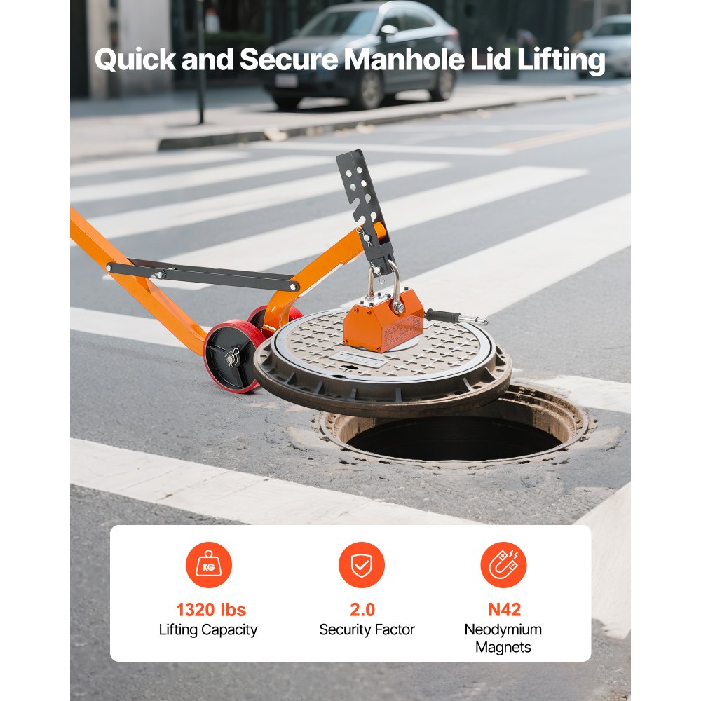 VEVOR Magnetic Lid Lifter Dolly, 600 kg Pulling Capacity, Steel Dolly with Heavy Duty Magnet Lift and 2 Wheels, Adjustable Handle, N42 Neodymium, Foldable and Portable, for Lifting Manhole Covers