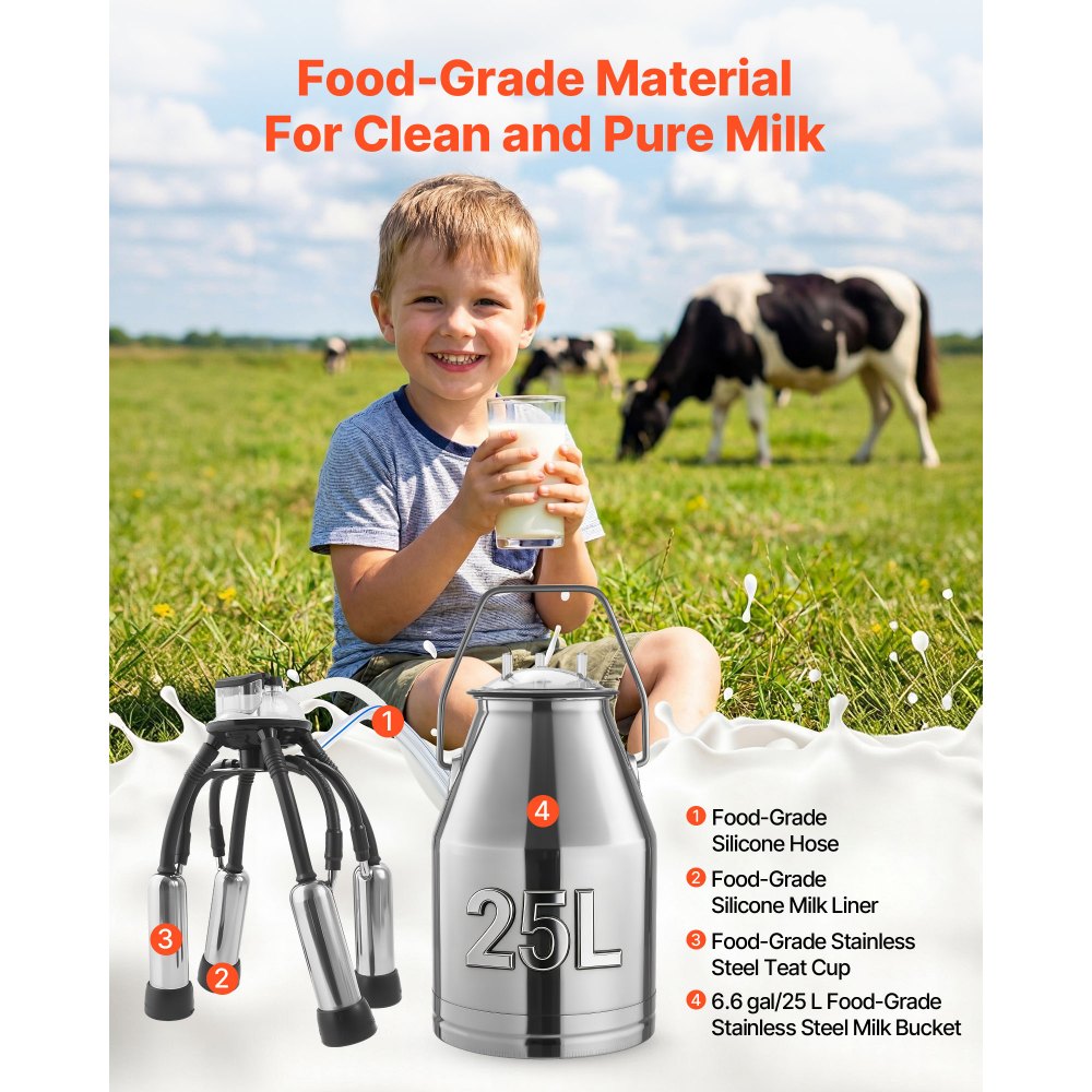 Elektryczna dojarka VEVOR, wiadro ze stali nierdzewnej 304 o pojemności 25 l, kubki udojowe dopuszczone do kontaktu z żywnością i wąż silikonowy, silne ssanie, pulsacja podciśnieniowa, elektryczny sprzęt do dojenia z kołami dla krów