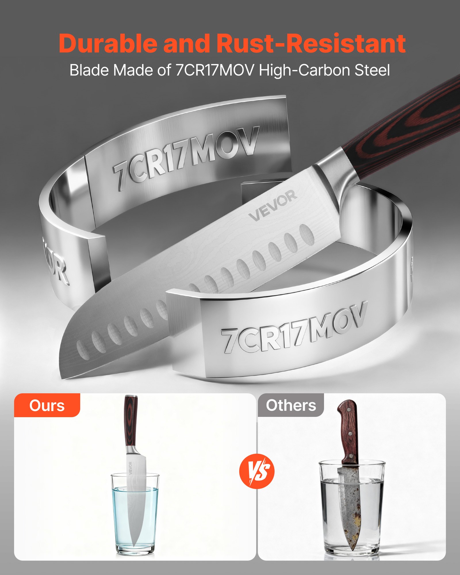 Zestaw noży kuchennych VEVOR z blokiem na noże (drewno) i ostrzałką, 15-częściowy zestaw noży, ostre noże ze stali nierdzewnej o wysokiej zawartości węgla, sztućce kuchenne z ergonomicznym uchwytem, ​​do użytku domowego