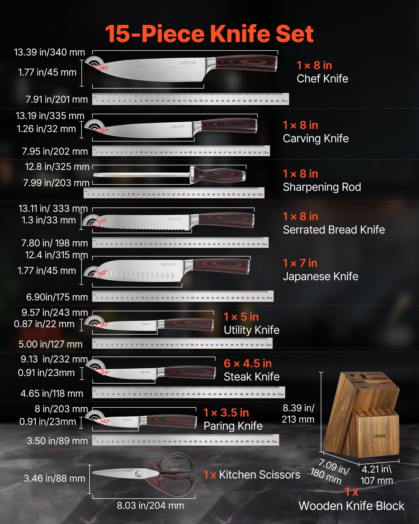Zestaw noży kuchennych VEVOR z blokiem na noże (drewno) i ostrzałką, 15-częściowy zestaw noży, ostre noże ze stali nierdzewnej o wysokiej zawartości węgla, sztućce kuchenne z ergonomicznym uchwytem, ​​do użytku domowego