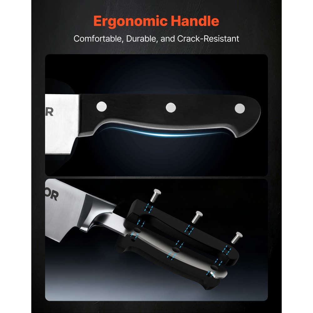 VEVOR Kitchen Knife Set with Block and Sharpener, 15 Piece German High Carbon Stainless Steel Knife Set, Kitchen Cutlery with ABS Ergonomic Handle, Sharpening Rod and Wooden Block, for Home Cooks