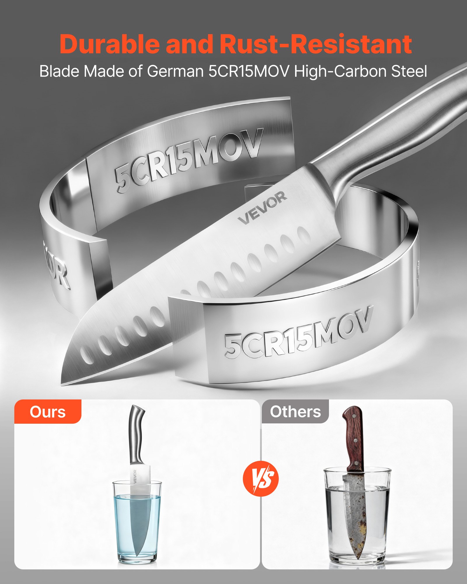 Zestaw noży kuchennych VEVOR z blokiem na noże (drewno) i ostrzałką, 15-częściowy zestaw noży z ostrymi nożami ze stali nierdzewnej o wysokiej zawartości węgla, sztućce kuchenne z ergonomicznym uchwytem, ​​dla kucharzy-amatorów