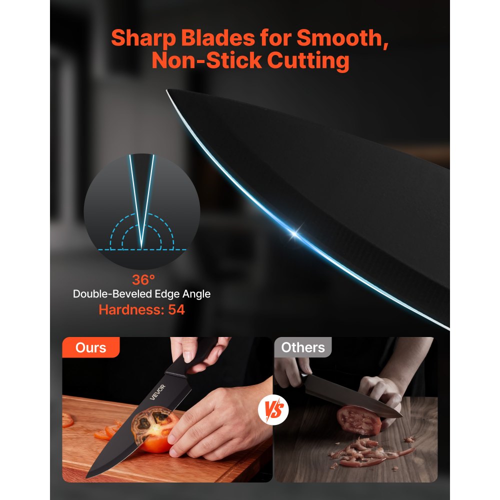 Zestaw noży kuchennych VEVOR z blokiem na noże (drewno) i ostrzałką, 15-częściowy zestaw noży wykonanych z ostrych noży ze stali nierdzewnej o wysokiej zawartości węgla, sztućce kuchenne z ergonomicznym uchwytem PP, dla kucharzy-amatorów