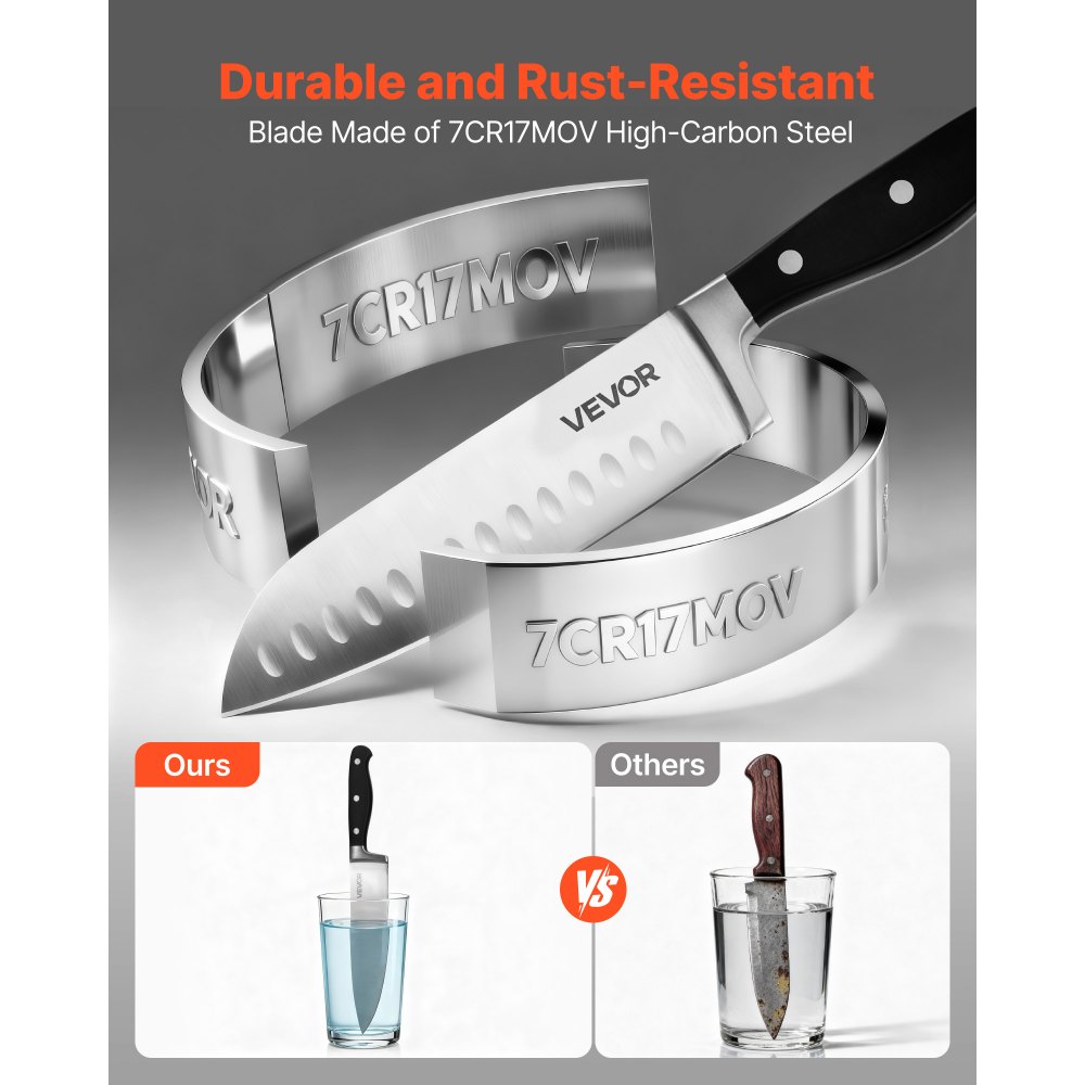 Zestaw noży kuchennych VEVOR z blokiem na noże (drewno) i ostrzałką, 15-częściowy zestaw noży z ostrymi nożami ze stali nierdzewnej o wysokiej zawartości węgla, sztućce kuchenne z rękojeścią odporną na pękanie, dla kucharzy-amatorów