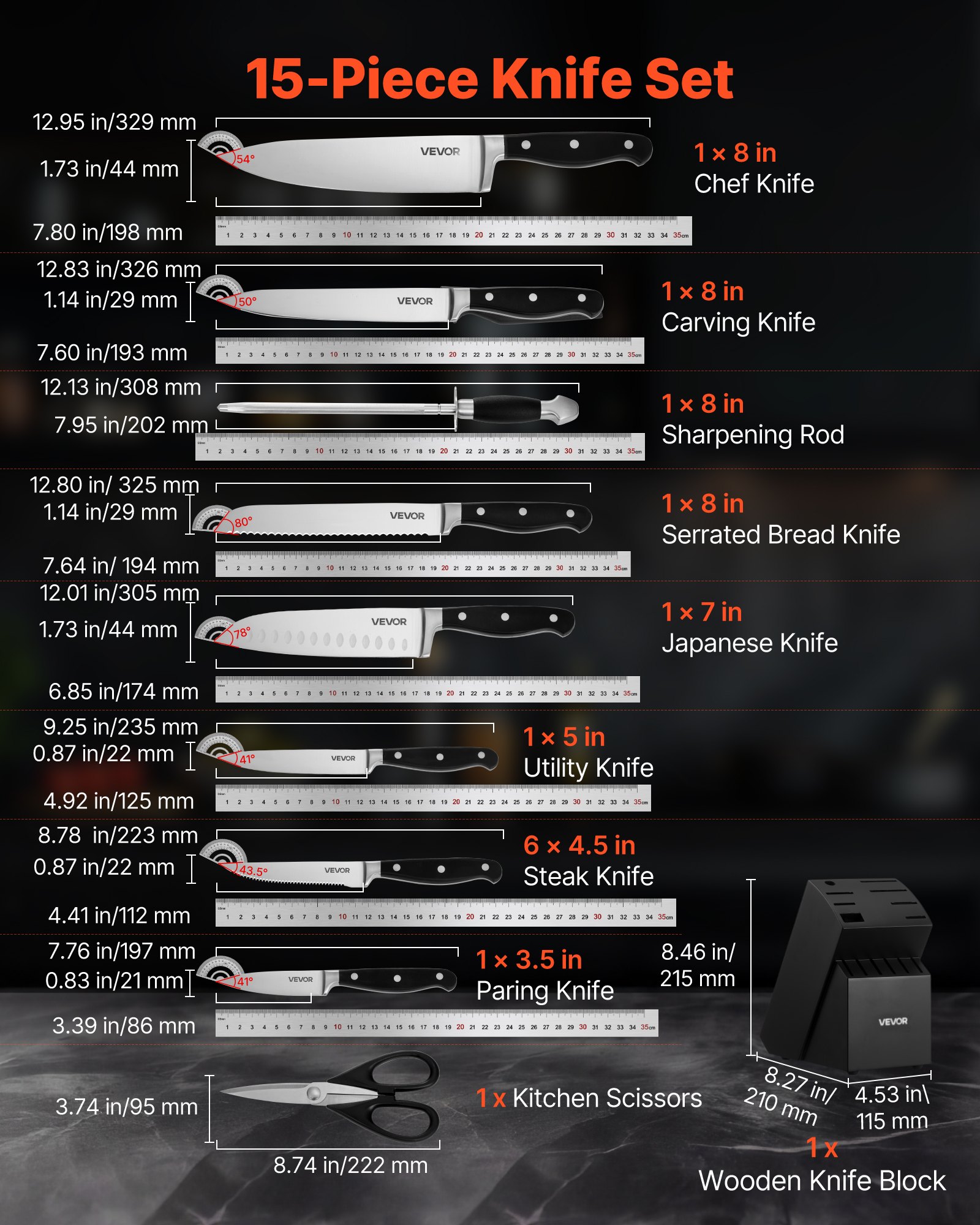 Zestaw noży kuchennych VEVOR z blokiem na noże (drewno) i ostrzałką, 15-częściowy zestaw noży z ostrymi nożami ze stali nierdzewnej o wysokiej zawartości węgla, sztućce kuchenne z rękojeścią odporną na pękanie, dla kucharzy-amatorów