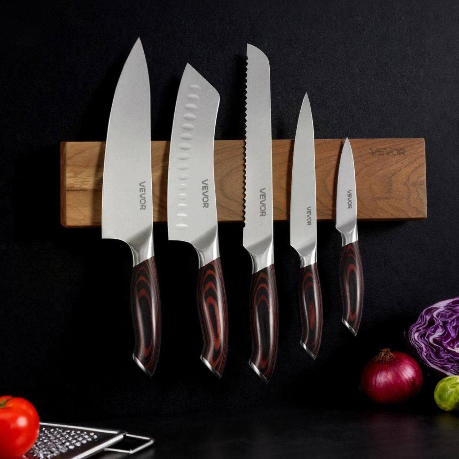 Zestaw noży VEVOR, 6 elementów. Zestaw noży kuchennych z magnetycznym uchwytem, ​​noże wykonane z wysokowęglowej stali nierdzewnej, sztućce kuchenne z ergonomicznym i odpornym na pękanie uchwytem, ​​pasek magnetyczny w kolorze orzecha włoskiego.