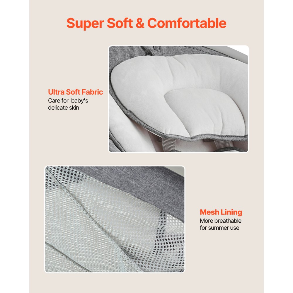 Huśtawka dla niemowląt VEVOR, 5-biegowy bujaczek dla niemowląt, przenośna huśtawka dla niemowląt z pilotem, panelem dotykowym, muzyką Bluetooth, 10 piosenkami i 5-punktowymi pasami bezpieczeństwa dla dzieci w wieku 0-9 miesięcy i wadze do 9 kg