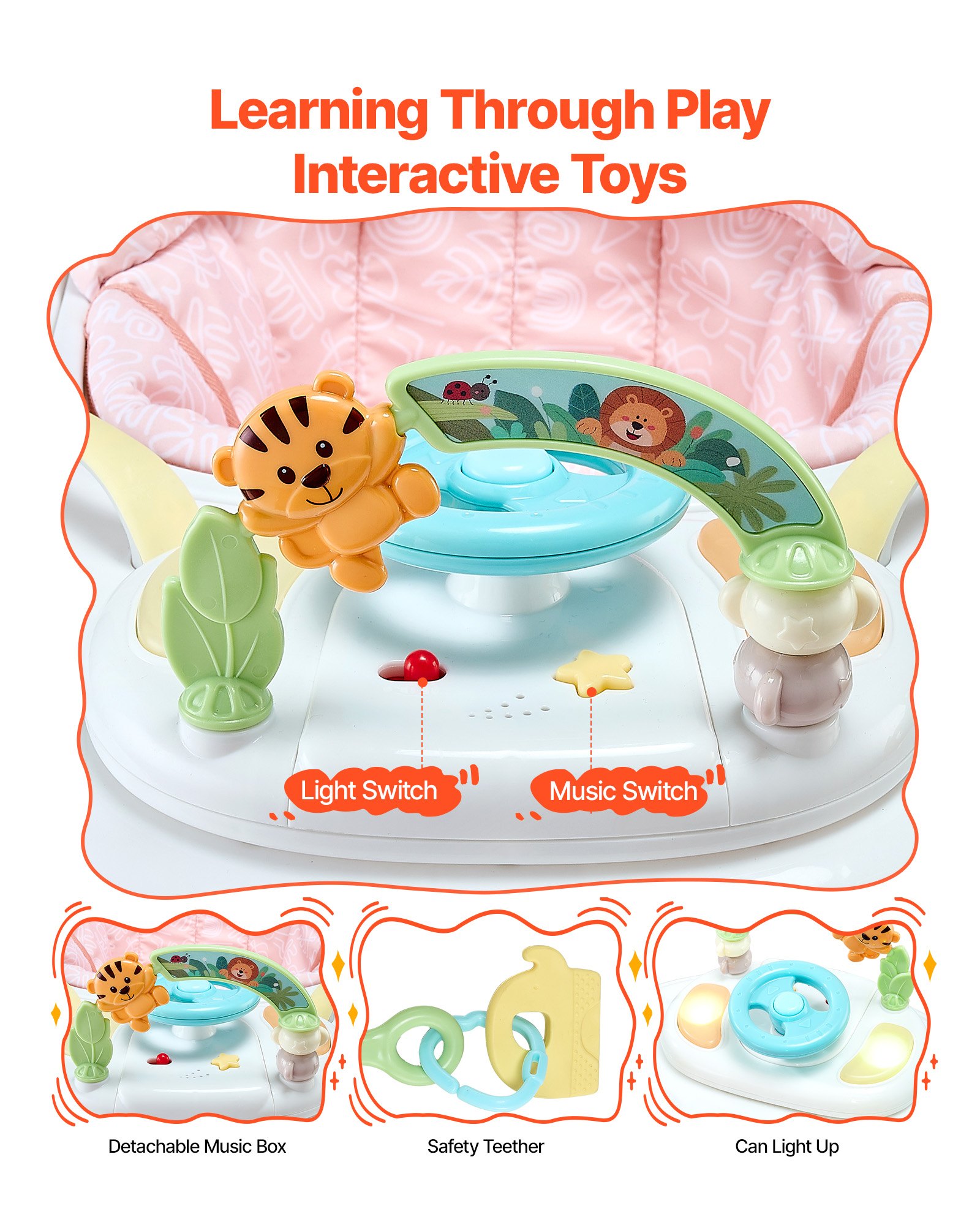 Chodzik dla dzieci VEVOR 5 w 1, składany wózek dla dzieci, wózek do zabawy i chodzenia, leżaczek z regulacją wysokości i wygodnym siedziskiem z wysokim oparciem, zabezpieczenie przed przewróceniem dla dzieci w wieku 6-24 miesięcy (unisex)