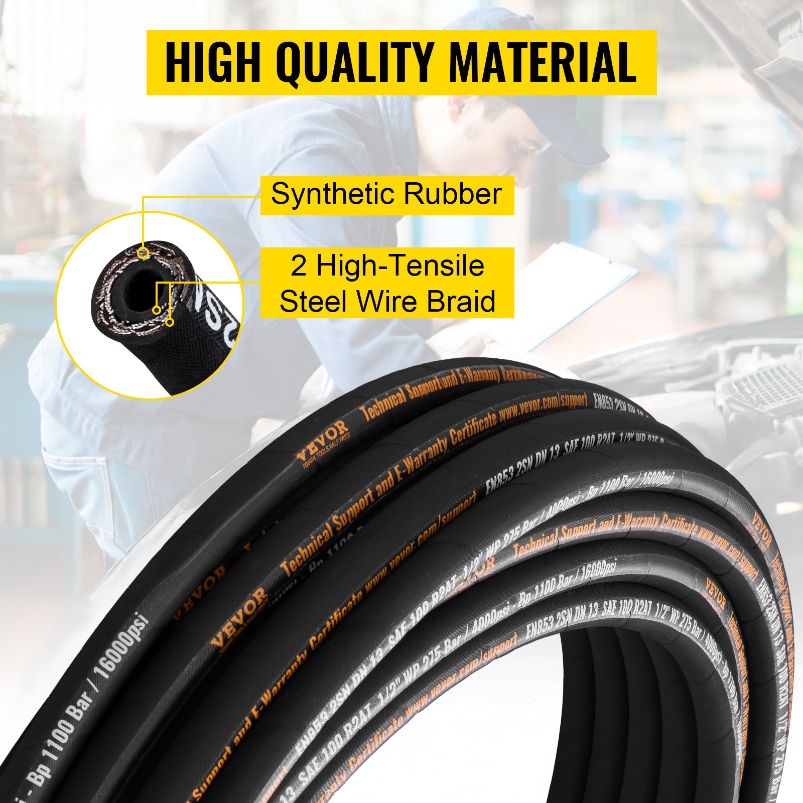 VEVOR Hydraulic Hose 1/2 Inch x 30.5 m, Woven Hydraulic Hose 4000 PSI, Rubber Hydraulic Hose with 2 High-Tensile Steel Wire Braids, Bulk Hydraulic Hose -20 ℃ to 140 ℃