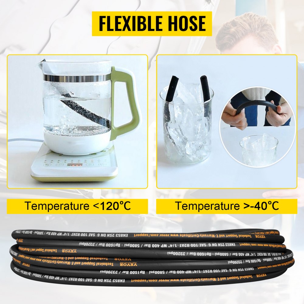 VEVOR Hydraulic Hose 6.35 mm x 30.5 m, Wound Hydraulic Hose 5800 PSI, Rubber Hydraulic Hose with 2 High-Tensile Steel Wire Braids, Bulk Hydraulic Hose -40 °C to 121 °C