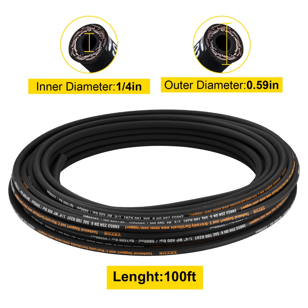 VEVOR Hydraulic Hose 6.35 mm x 30.5 m, Wound Hydraulic Hose 5800 PSI, Rubber Hydraulic Hose with 2 High-Tensile Steel Wire Braids, Bulk Hydraulic Hose -40 °C to 121 °C