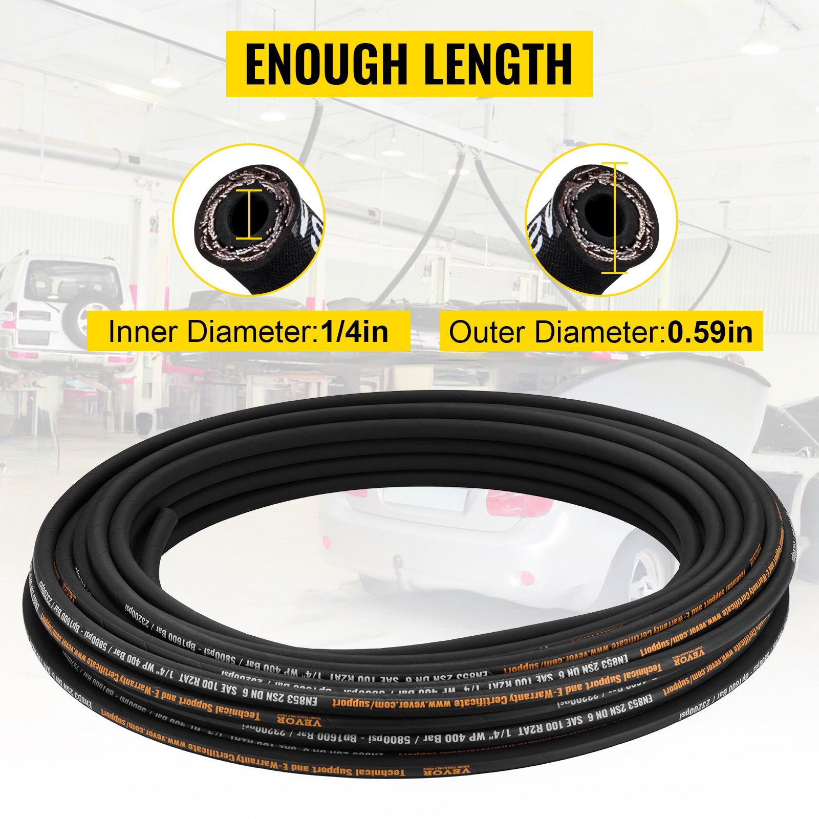 VEVOR Hydraulic Hose 6.35 mm x 30.5 m, Wound Hydraulic Hose 5800 PSI, Rubber Hydraulic Hose with 2 High-Tensile Steel Wire Braids, Bulk Hydraulic Hose -40 °C to 121 °C