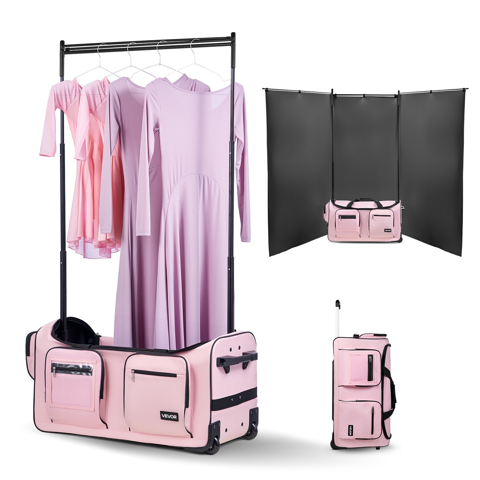 VEVOR Dance Bag with Garment Rack, 736.6 mm Rolling Dance Duffel, with Wheels, USB Port, Height Adjustable Clothes Rack, Privacy Protection Curtain, Ideal for Travel and Competitions, Matte Pink