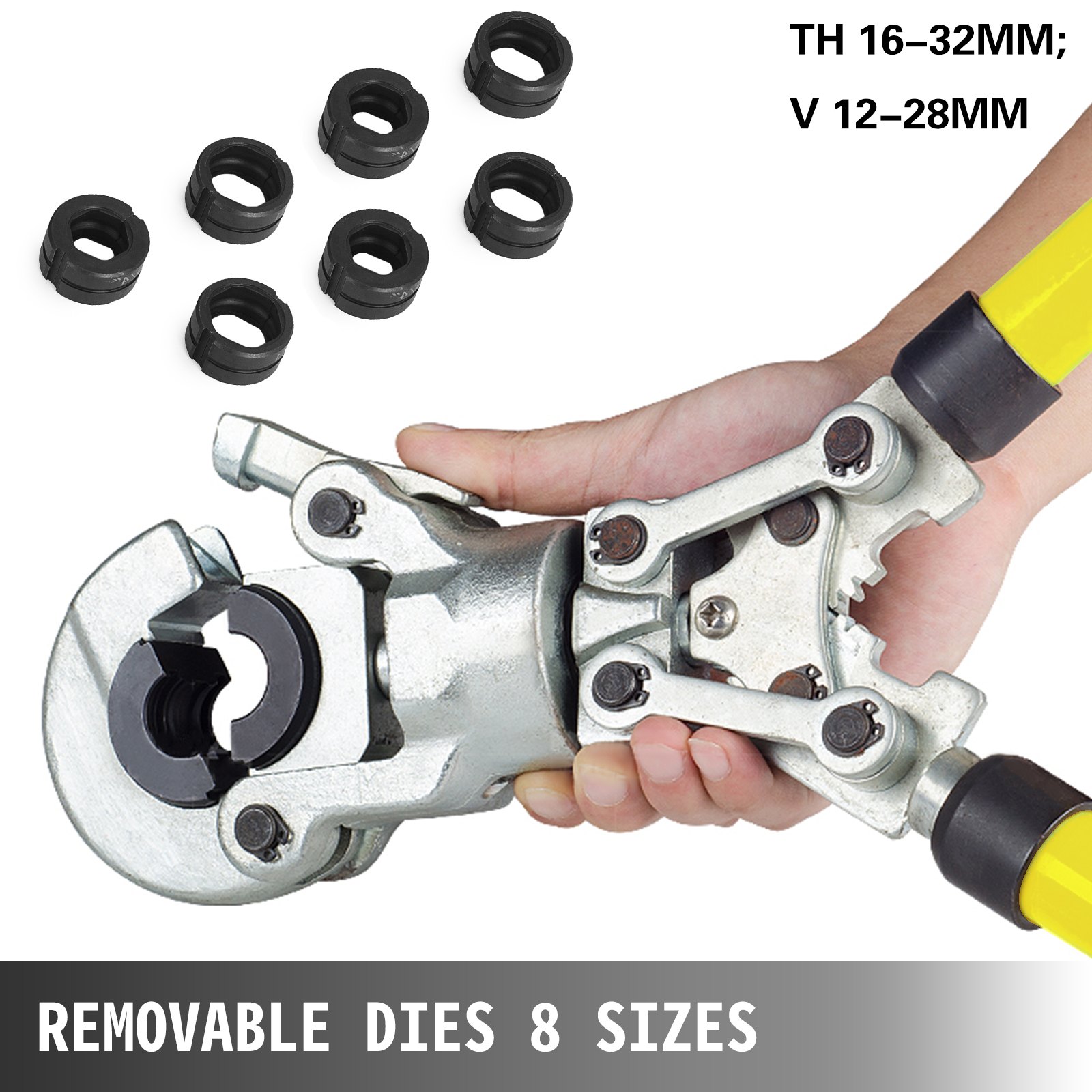 Szczypce zaciskowe VEVOR V12, V15, V22, V28, TH16, TH20, TH26, TH32 mm, szczypce zaciskowe z głowicą obrotową o 360° i ergonomicznym gumowym uchwytem, ​​przenośne szczypce do zaciskania rur, ręczne szczypce do końcówek kablowych