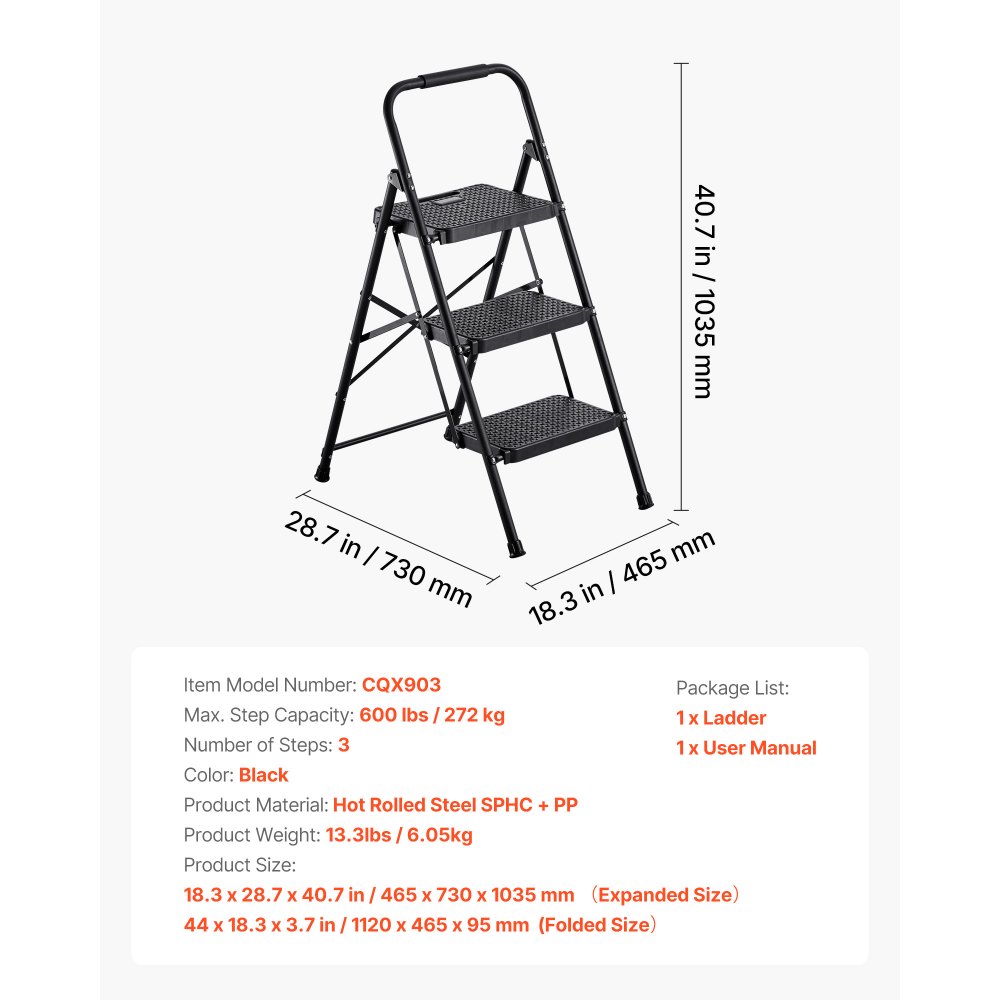 VEVOR 3-stopniowa składana drabina z antypoślizgowymi stopniami i wygodną rączką, drabina domowa o udźwigu 272 kg, składany stołek, drabina bezpieczeństwa do kuchni, domu i biura, czarna
