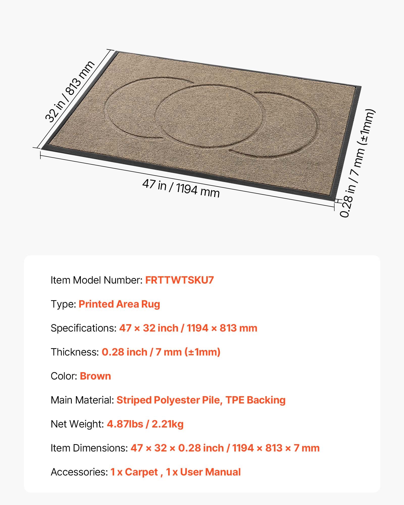 Mata wejściowa VEVOR Dirt Trapper, 1194 x 813 mm, do użytku wewnątrz i na zewnątrz, grubość 7 mm, stylowa wycieraczka z podkładem z TPE, zmywalny dywanik wejściowy do przedpokoju, na balkon, do garażu, brązowy