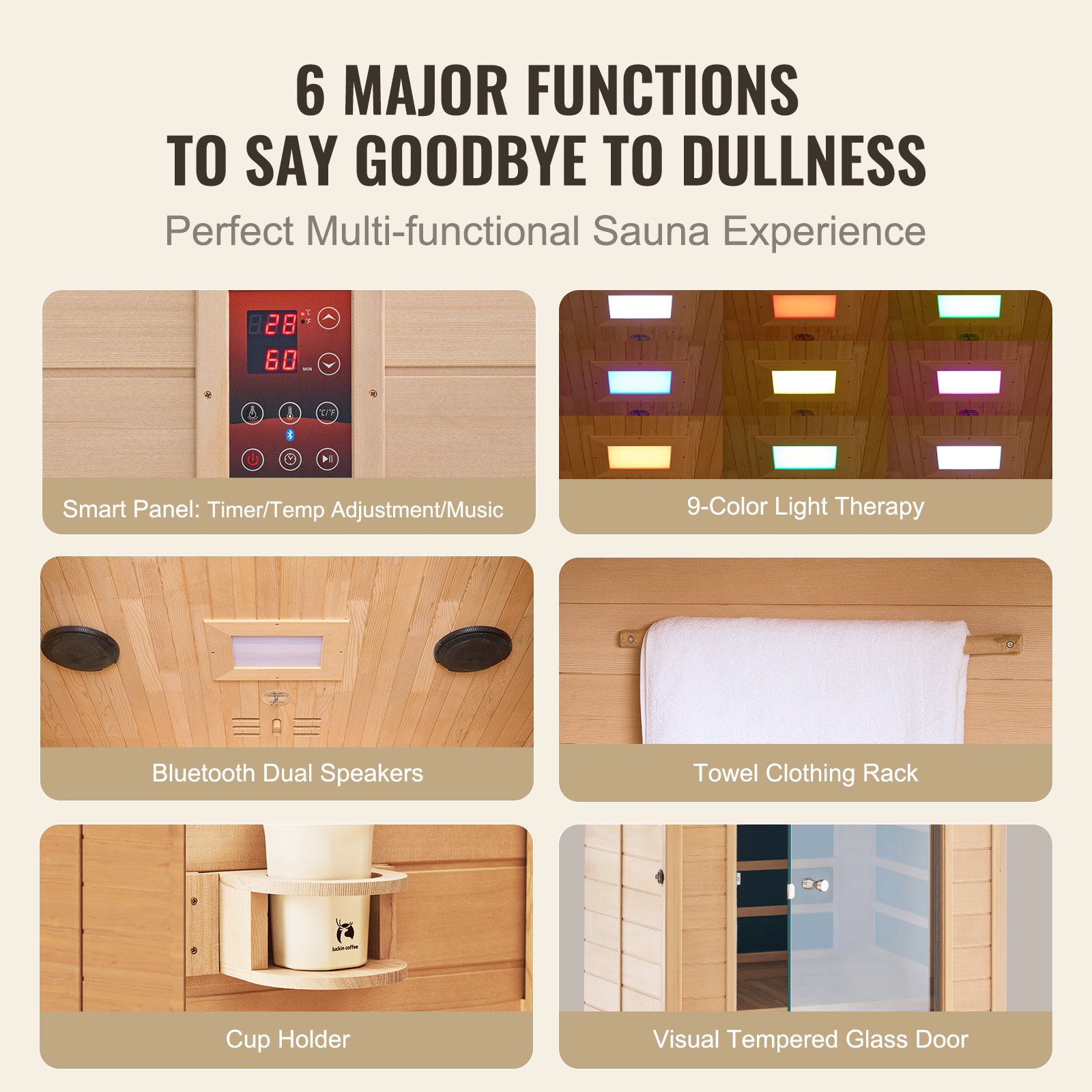 VEVOR Drewniana sauna na podczerwień, domowe spa dla 1–2 osób, sauna Hemlock o niskim polu elektromagnetycznym na podczerwień, z drzwiami ze szkła hartowanego, wielokolorową lampą, głośnikiem Bluetooth i terapią światłem kolorowym.