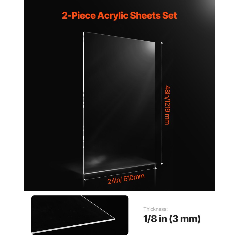 VEVOR Plexiglas Acrylic Sheets, Set of 2 Plastic Sheets, 610x1219mm, 3mm Thick, Clear Cast Plastic Glass for Craft Projects, Replacement Glass for Picture Frames, DIY Display, Easy to Cut