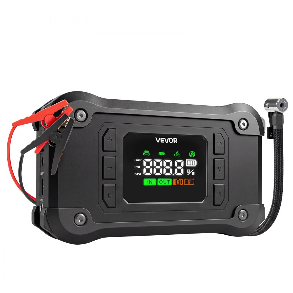 VEVOR Power Bank z rozrusznikiem i kompresorem powietrza o mocy szczytowej 8000 A, czarny, do silników benzynowych 9,0 l / silników wysokoprężnych 8,0 l, ciśnienie w oponach 150 psi, automatyczne wyłączanie, ładowarka 12 V i latarka LED