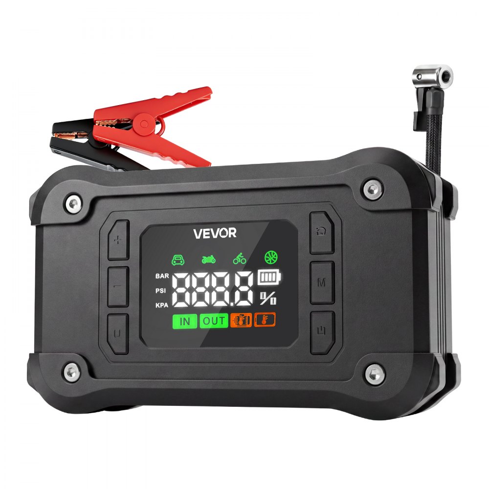 VEVOR Power Bank z rozrusznikiem i kompresorem powietrza o mocy szczytowej 8000 A, czarny, do silników benzynowych 9,0 l / silników wysokoprężnych 8,0 l, ciśnienie w oponach 150 psi, automatyczne wyłączanie, ładowarka 12 V i latarka LED