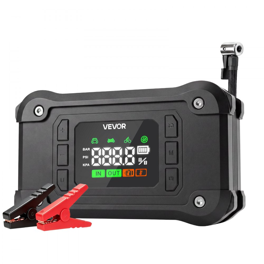 VEVOR Power Bank z rozrusznikiem i kompresorem powietrza o mocy szczytowej 8000 A, czarny, do silników benzynowych 9,0 l / silników wysokoprężnych 8,0 l, ciśnienie w oponach 150 psi, automatyczne wyłączanie, ładowarka 12 V i latarka LED