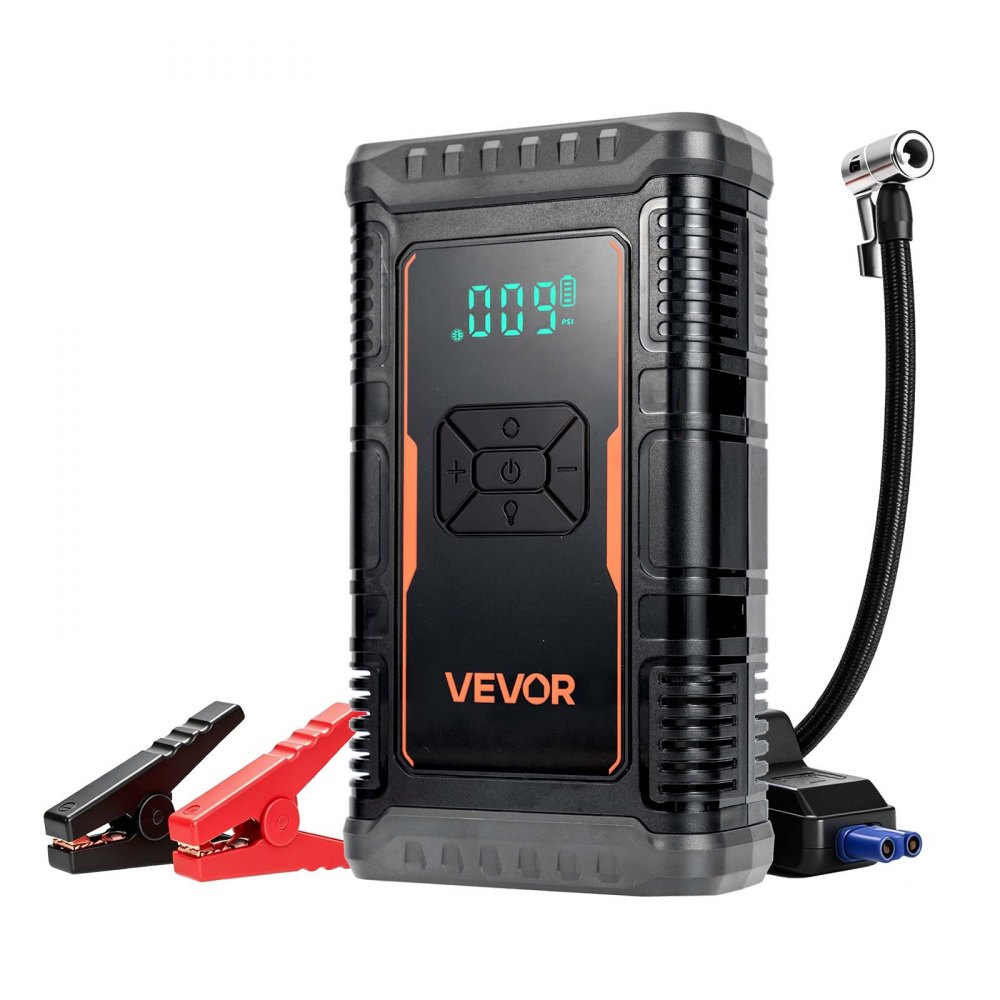 Powerbank rozruchowy VEVOR z kompresorem powietrza o mocy szczytowej 1600 A do silników benzynowych 6,0 l / silników wysokoprężnych 3,0 l, ciśnienie w oponach 150 psi, automatyczne wyłączanie, ładowarka 12 V i latarka LED
