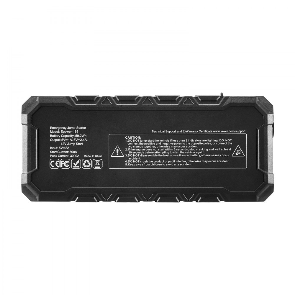 VEVOR Power Bank, szczytowy prąd rozruchowy 3000 A, rozrusznik samochodowy, wzmacniacz akumulatora, kable rozruchowe, światło LED, litowa skrzynka rozruchowa do silników benzynowych o pojemności do 10 l/diesla o pojemności do 8 l
