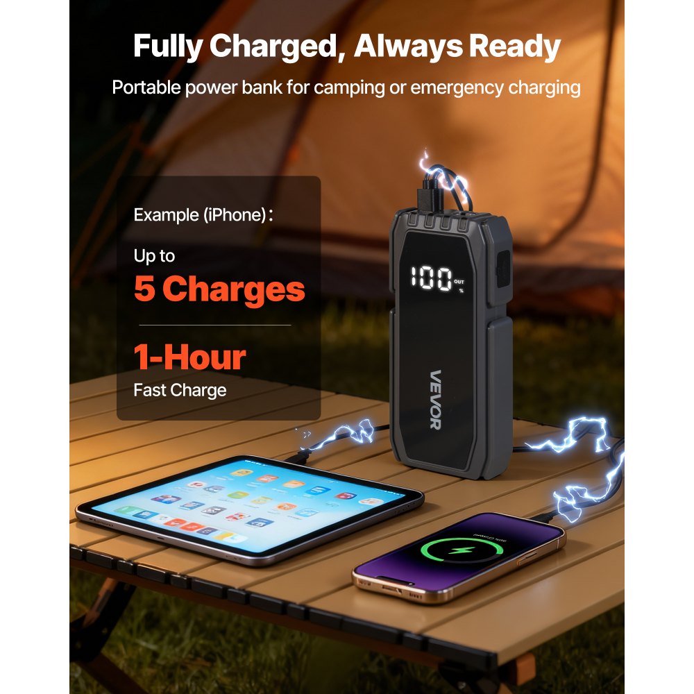 VEVOR Power Bank, urządzenie rozruchowe o szczytowym natężeniu prądu 1500 A z latarką LED i kablem do silników benzynowych o pojemności do 6 l/diesla o pojemności do 4 l, przenośne urządzenie wspomagające z szybkim ładowaniem i zabezpieczeniem na wypadek sytuacji awaryjnych