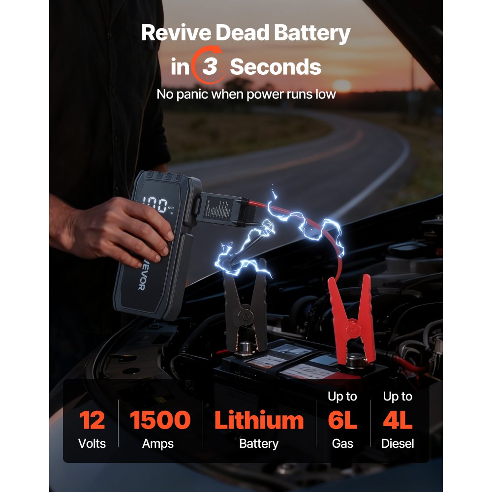 VEVOR Power Bank, urządzenie rozruchowe o szczytowym natężeniu prądu 1500 A z latarką LED i kablem do silników benzynowych o pojemności do 6 l/diesla o pojemności do 4 l, przenośne urządzenie wspomagające z szybkim ładowaniem i zabezpieczeniem na wypadek sytuacji awaryjnych