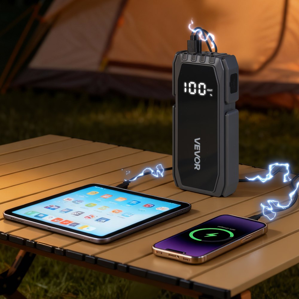 VEVOR Power Bank, urządzenie rozruchowe o szczytowym natężeniu prądu 1500 A z latarką LED i kablem do silników benzynowych o pojemności do 6 l/diesla o pojemności do 4 l, przenośne urządzenie wspomagające z szybkim ładowaniem i zabezpieczeniem na wypadek sytuacji awaryjnych