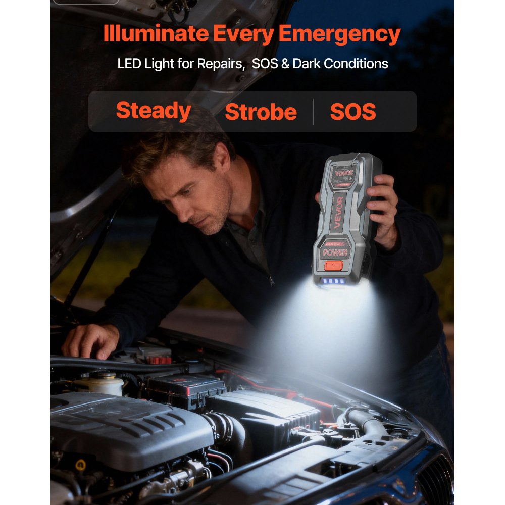 VEVOR Jump Starter, 3000A Peak, Car Jumper Starter Battery Pack, 12V Portable Lithium Battery Booster, Jump Box Power Bank with 3 Modes Flashlight and Jumper Cable, for Up to 9L Gas/7L Diesel Engines