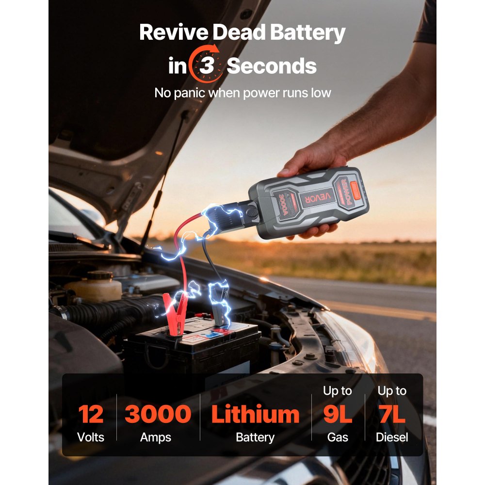 VEVOR Power Bank, urządzenie rozruchowe o szczytowym natężeniu prądu 3000 A z latarką LED i kablem do silników benzynowych o pojemności do 9 l/diesla o pojemności do 7 l, przenośne urządzenie wspomagające z szybkim ładowaniem i zabezpieczeniem na wypadek sytuacji awaryjnych