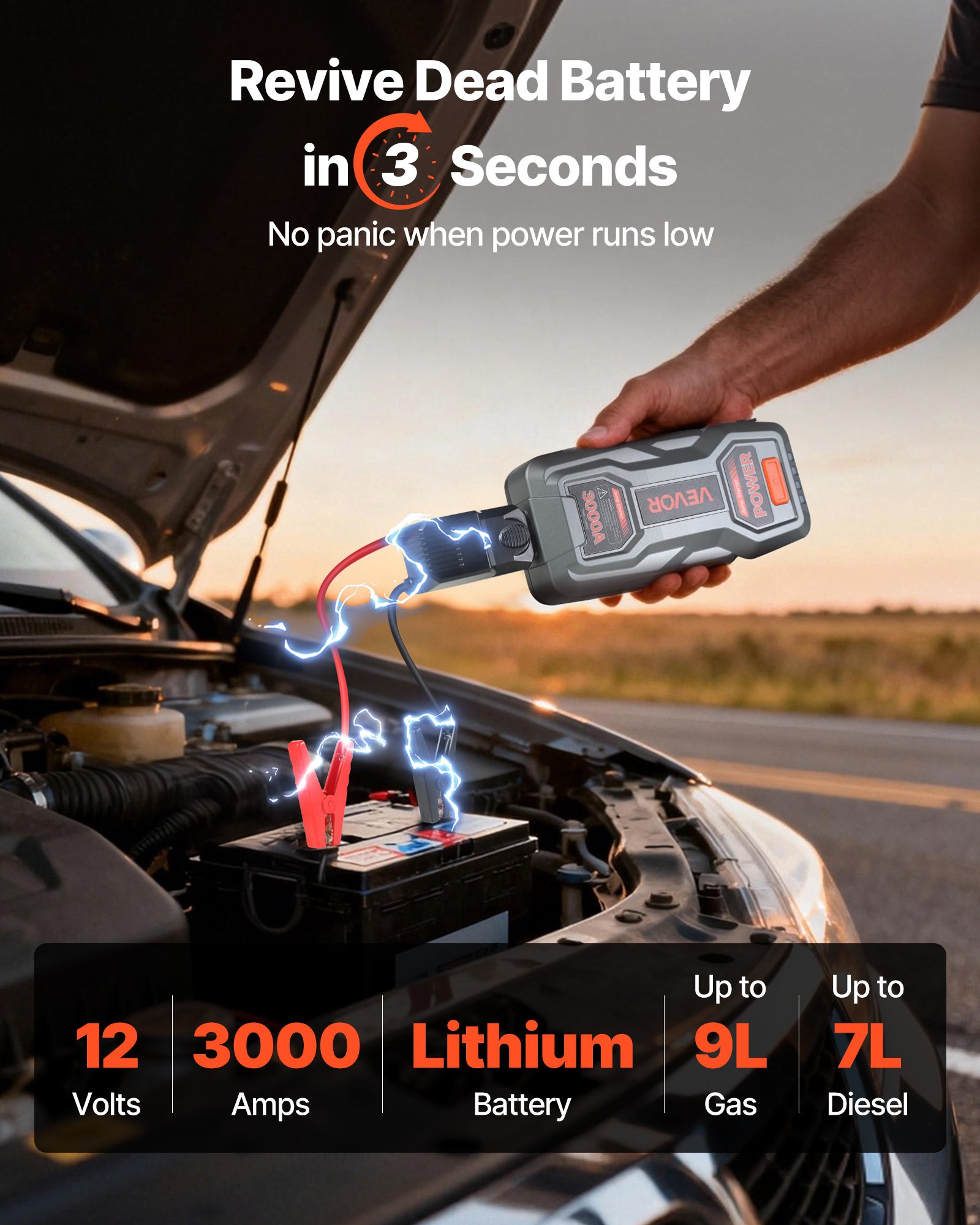 VEVOR Power Bank, urządzenie rozruchowe o szczytowym natężeniu prądu 3000 A z latarką LED i kablem do silników benzynowych o pojemności do 9 l/diesla o pojemności do 7 l, przenośne urządzenie wspomagające z szybkim ładowaniem i zabezpieczeniem na wypadek sytuacji awaryjnych